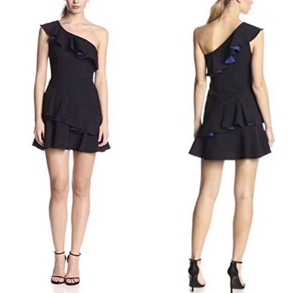 BCBG MAXAZRIA Calinda One Shoulder Ruffle Tiered Black Dress Sz 8 Cocktail Party - Picture 1 of 6